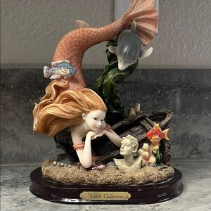 Mermaid Sculpture with Coral and Green Accents